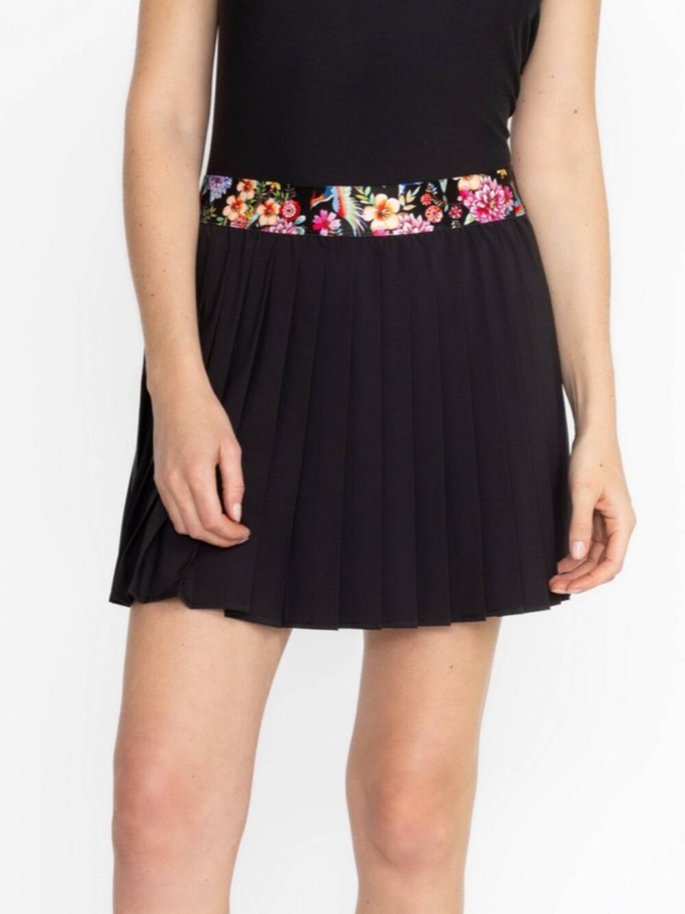 Johnny Was size Small Black Pleated Mini Skirt with Floral Waistband